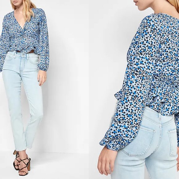 Express Leopard Print Twist Front Tiered Ruffle Peplum Top Size Large - Picture 2 of 3